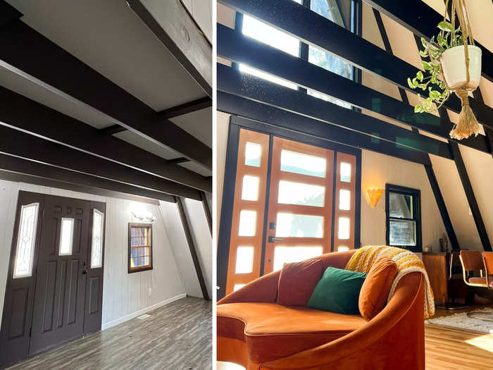 The couple tore down a second bedroom above the front door to create a vaulted ceiling. Now light pours into the living area.