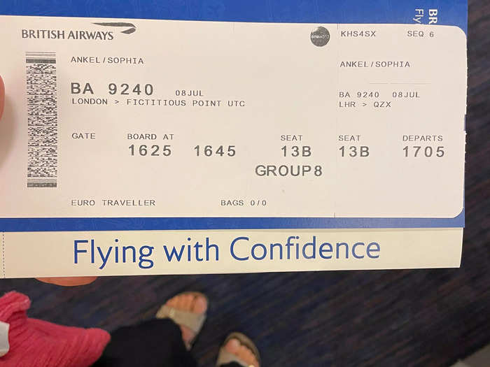 I registered and received my boarding pass, which I had to keep a hold of until later on that day. The destination on the ticket was "fictitious point."