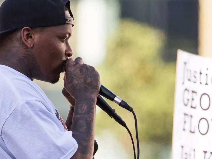 Rapper YG speaking during a Black Lives Matter demonstration in 2020.