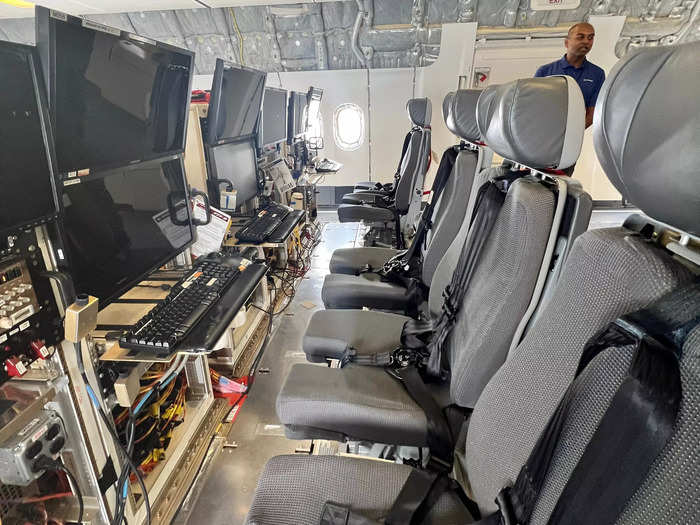 The typical test flight can be around three and a half hours and employees sit at workstations complete with computers and cupholders, according to the Boeing engineer.