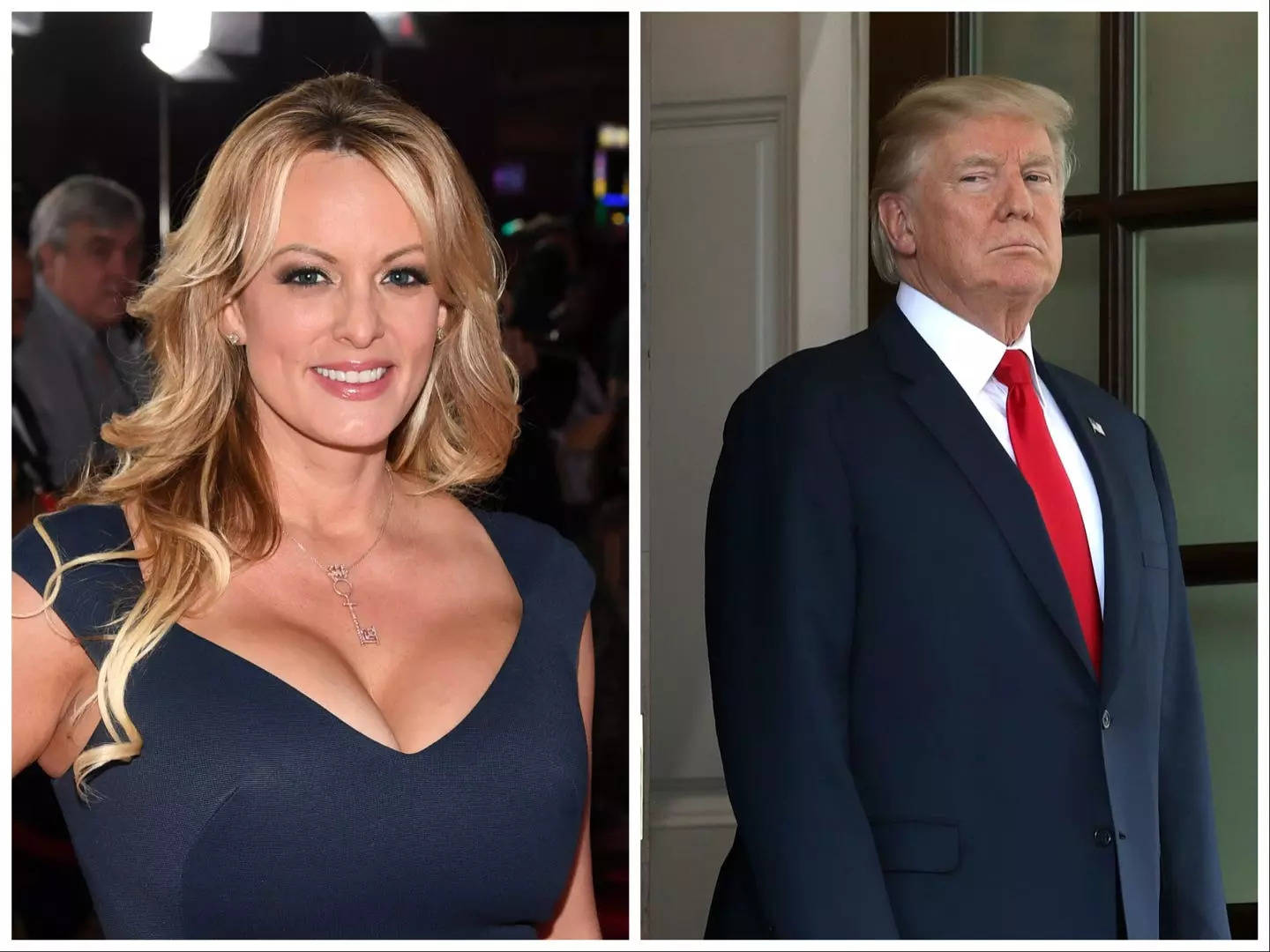 A composite image of adult actress Stormy Daniels (left) and former President Donald Trump (right).