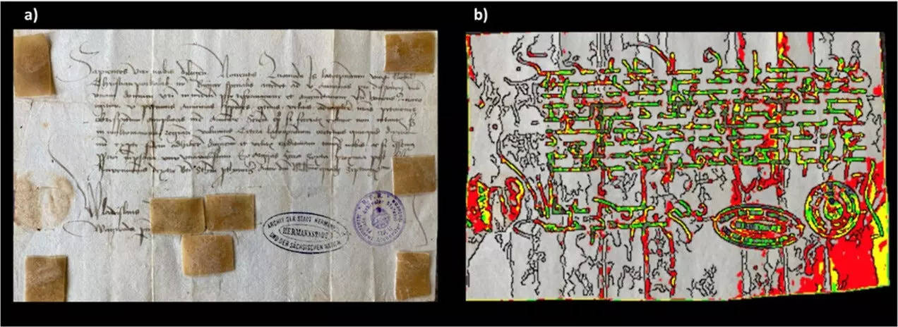 A picture of a letter written by Vlad the Impaler shows where the traces of protein where collected on the letter. These are superimposed on the ancient script in bringt colors.