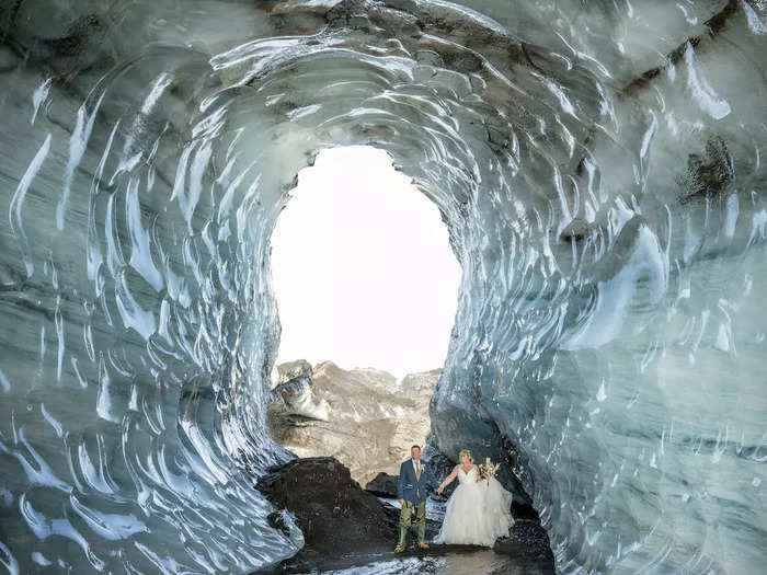 After the ceremony, Schofield and Watson posed for more photos in the cave before moving on to their next location.