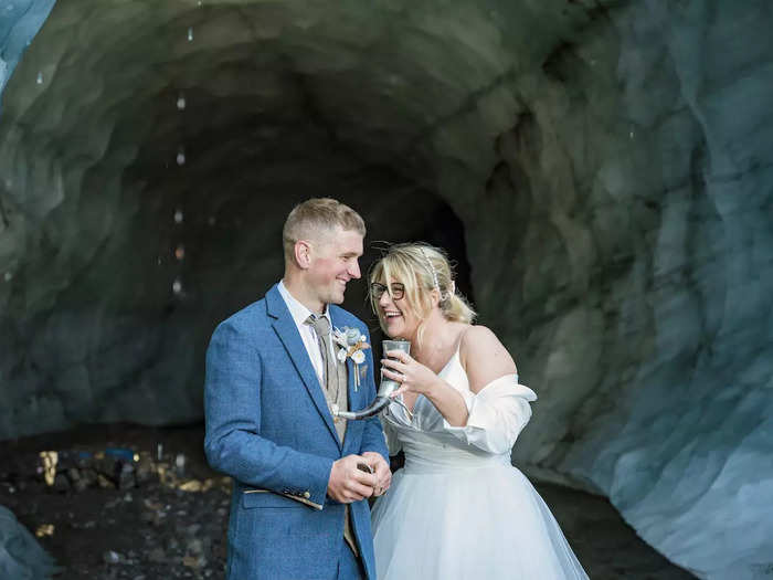 They shared their first kiss as husband and wife, then celebrated with a swig of Icelandic moonshine.