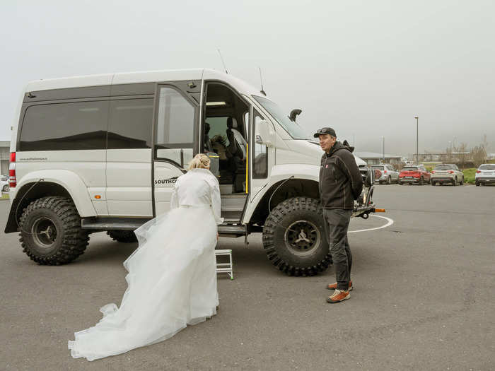 The wedding day began in the town of Vík, where the bride and groom boarded a super Jeep for the adventure ahead.