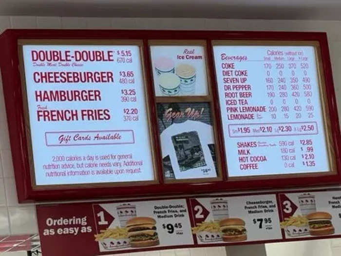 The menu was simple and has been kept pretty much the same. The chain serves hamburgers, cheeseburgers, Double-Doubles, french fries, shakes, and beverages.