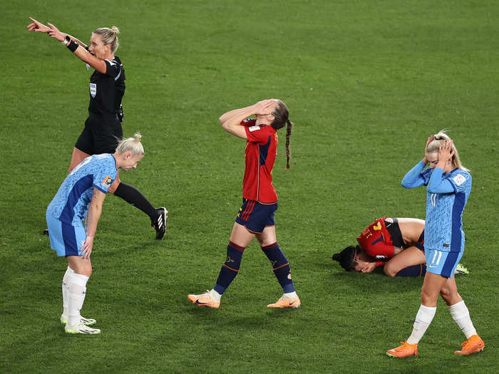 While England team members Beth England and Lauren Hemp stood dejected as the whistle blew marking their loss, Ona Batlle covered her face in celebration.