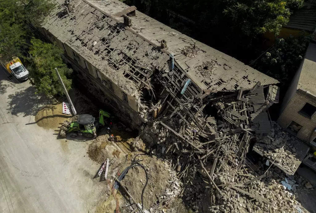 An aerial view of the damaged building after Russian missile attacks in Odessa, Ukraine on July 25, 2023. Multiple missile strikes on the city of Odessa, classified as a UNESCO World Heritage Site, caused damage to at least 20 historic buildings including Odessa cathedral.