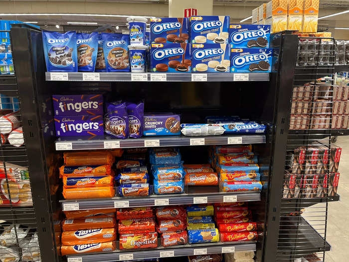 I also spotted some Oreos among British treats like Cadbury chocolates and Hobnob biscuits.