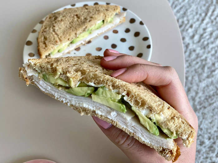 Chicken, avocado, and cream cheese sandwich (or bagel)