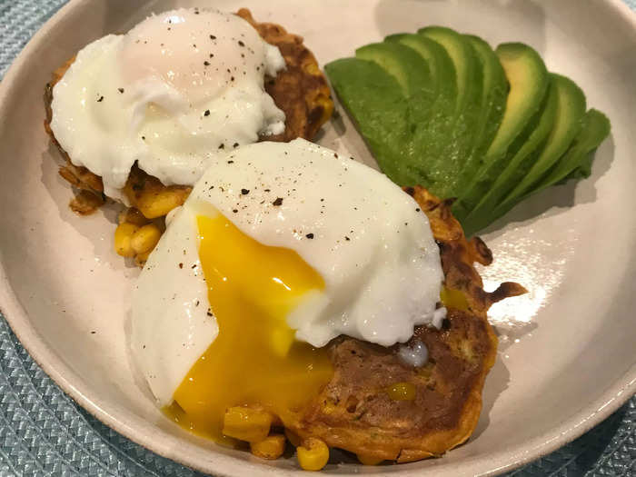 Corn and courgette fritters with avocado and poached eggs