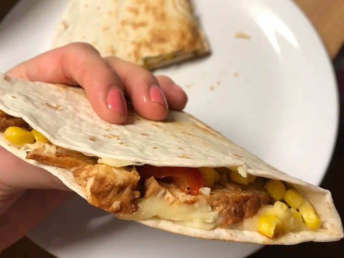 Chicken, cheese, sweetcorn, and red pepper quesadilla