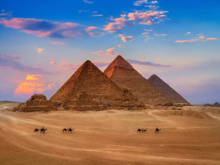 The Pyramids of Giza were built by the Ancient Egyptians in about 2500 BC. They remain the only one of the Seven Wonders of the World still standing.