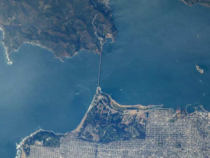 The International Space Station provides the best view of the Golden Gate Bridge in winter months when fog is lighter and days are shorter.