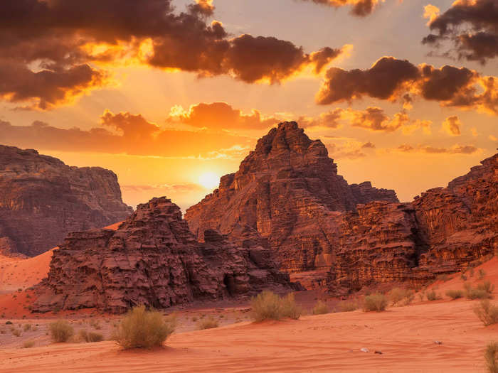 Wadi Rum, a valley of dunes, canyons, sandstone mountains, and aged petroglyphs in Jordan, has been used in films such as "Rogue One: A Star Wars Story" and "The Martian."