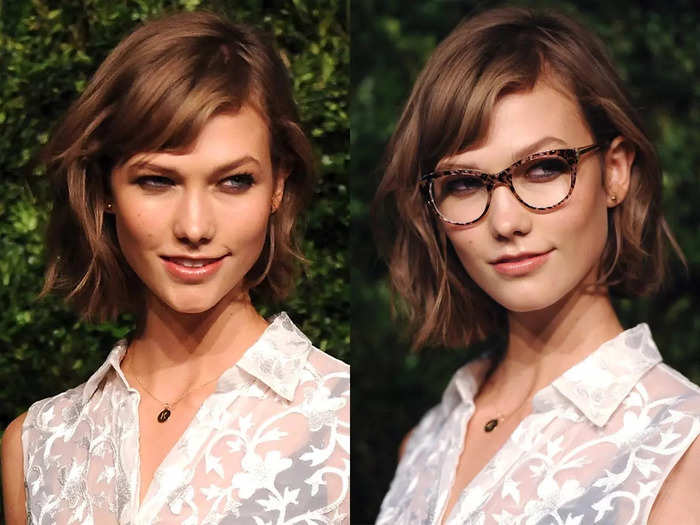 Karlie Kloss walked the red carpet with and without glasses during the CFDA/Vogue Fashion Fund Awards in November 2012.