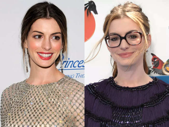 Anne Hathaway wore glasses with large square frames to the "Rio" premiere in April 2011.