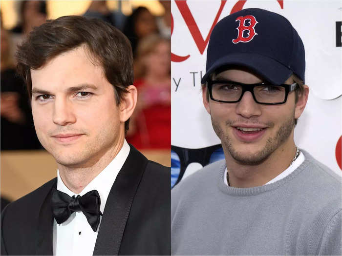 Ashton Kutcher paired a pair of black rectangular frames with a Boston Red Sox cap in a photo taken in 2003.