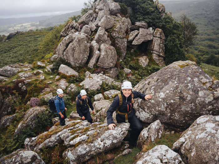 We wore waterproof trousers to walk through the gorse, as well as helmets to begin the scramble.