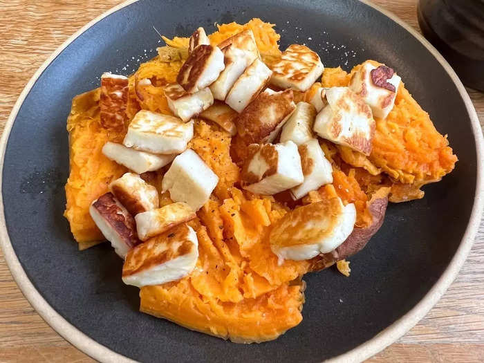 A baked sweet potato with halloumi makes the perfect "lazy girl" lunch. It