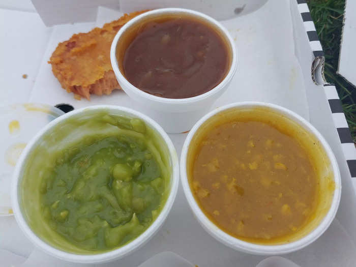 We also ordered a range of typical sides including mushy peas, gravy, and curry sauce, plus some ketchup packets, which you had to pay extra for. It