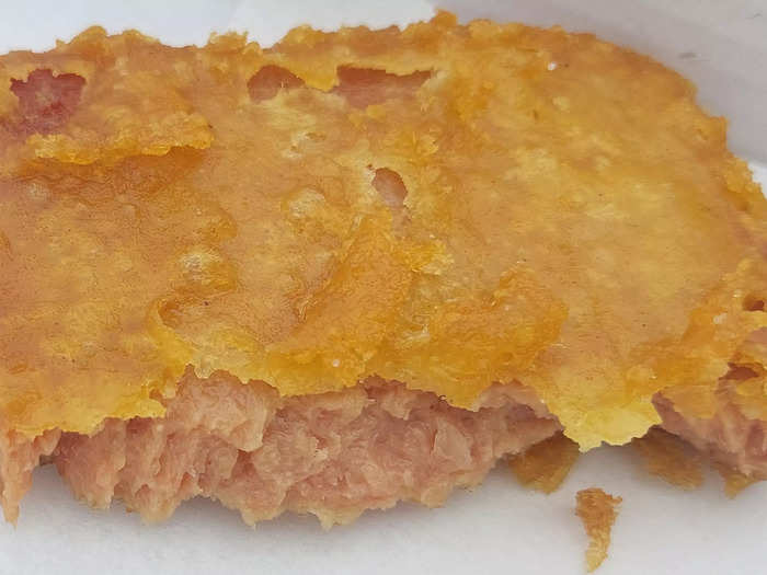 This is what it looked like inside. The Spam was a characteristically unsettling shade of pink. The combination of Spam and batter meant this was quite greasy, making for a guilty pleasure.