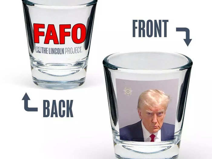 The Lincoln Project, a political action committee geared towards preventing the re-election of Donald Trump, is selling a shot glass with his mugshot for $15.