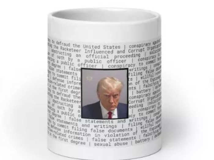 This ceramic, 11 oz. mug inscribed with a litany of Trump