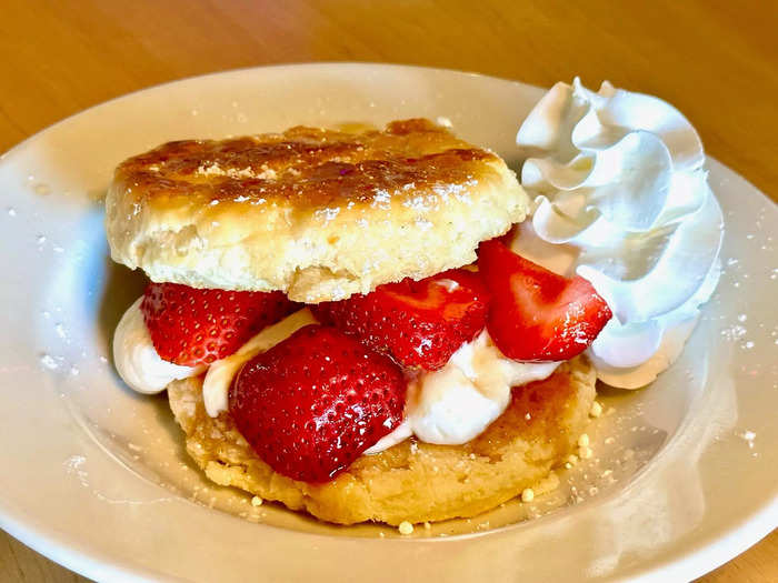 The best item came last. The strawberries-and-cream biscuit tasted like a strawberry biscuit shortcake — crazy good.