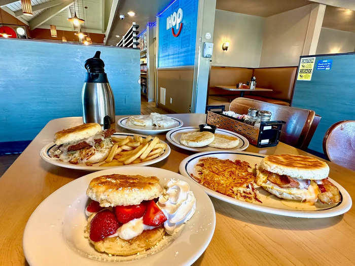 I ordered the breakfast biscuit sandwich, a chicken biscuit sandwich, the strawberries-and-cream biscuit, a buttermilk biscuit with gravy, and a plain biscuit with butter.