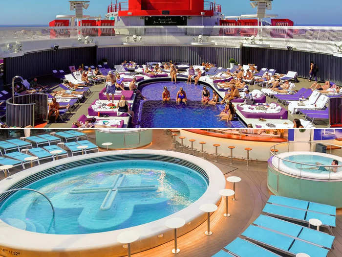 Up on deck 15, there are two pools surrounded by lounge chairs and whirlpools.