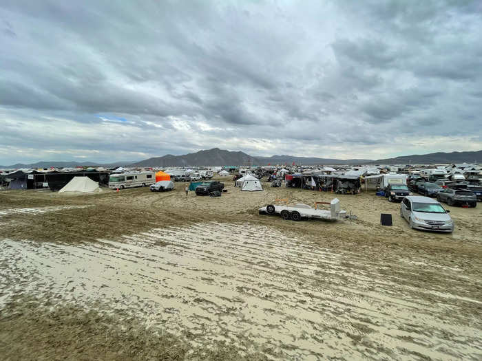 The downpour turned the annual Burning Man festival site into a mud pit.