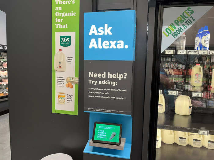 Next to the milk, I found this kiosk where you could ask Alexa for help.