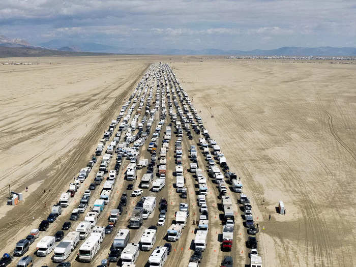 Columns of vehicles tried to leave Burning Man on Monday via County Route 34.