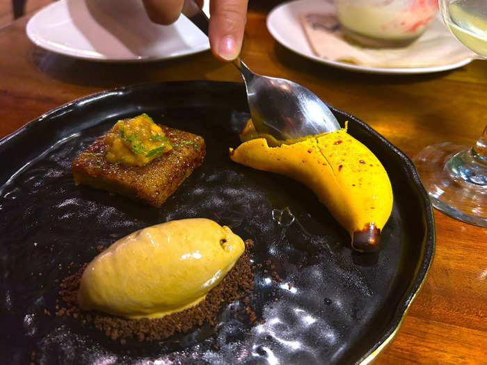 The staff generously sent over a platter of desserts on the house. The one that caught my eye resembled a hyperrealistic take on a banana.