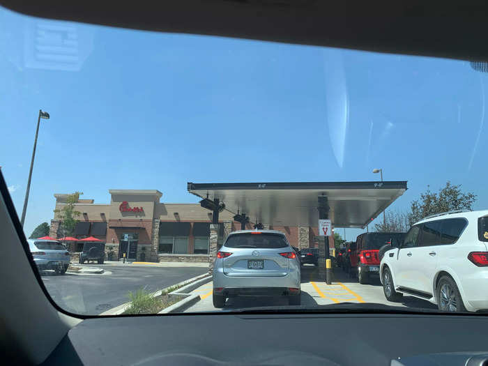 When I arrived at Chick-fil-A, I found a lengthy drive-thru line.