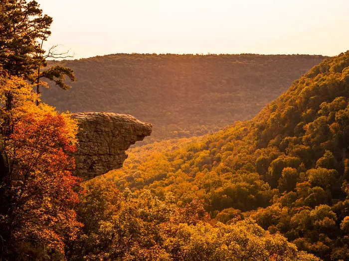 At Whitaker Point in Kingston, Arkansas, the golden glow of sunset matches the color of the autumn leaves.