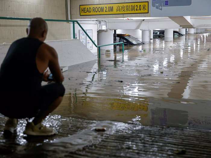 This basement parking lot saw floodwaters rise to at least chest level.