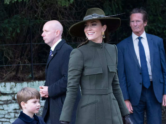 A few months later, Kate attended the Christmas Day Service at St. Mary Magdalene Church while wearing a navy-green ensemble.