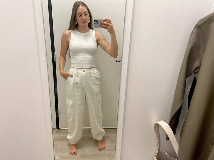 First, I tried on the white denim cargo pants.