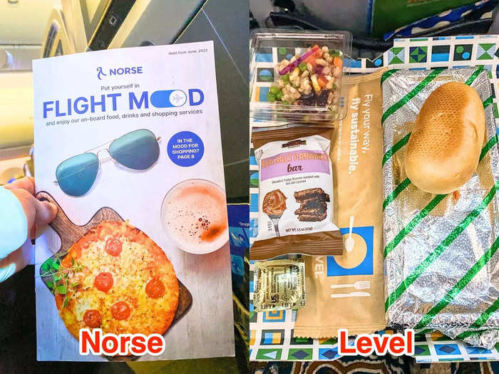 On the Norse flight, food costs extra. On the Level flight, dinner and breakfast were included in the price of the ticket.