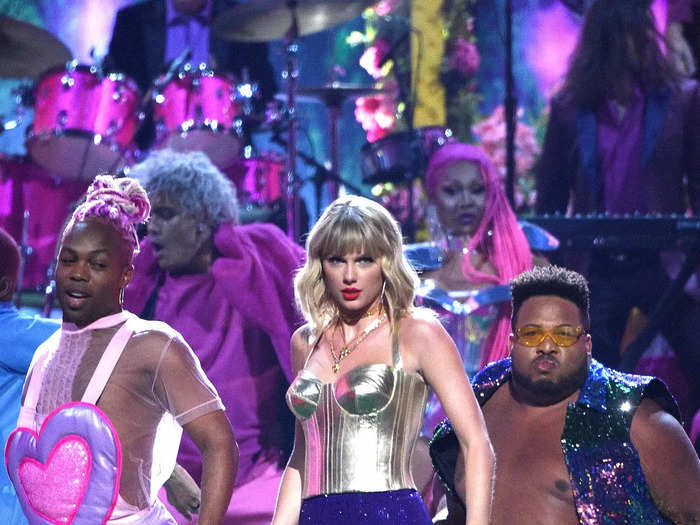 Swift wore a shiny ensemble to perform "Lover" and "You Need to Calm Down" at the awards show in 2019.