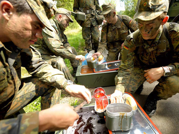 In Germany, soldiers are fed goulash and potatoes, sausage liver spread, rye bread, and biscotti.