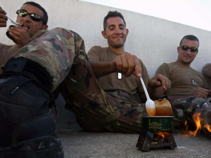 In Italy, soldiers are fed a 40% alcohol shot of Grappa for breakfast, as well as powdered cappuccino.