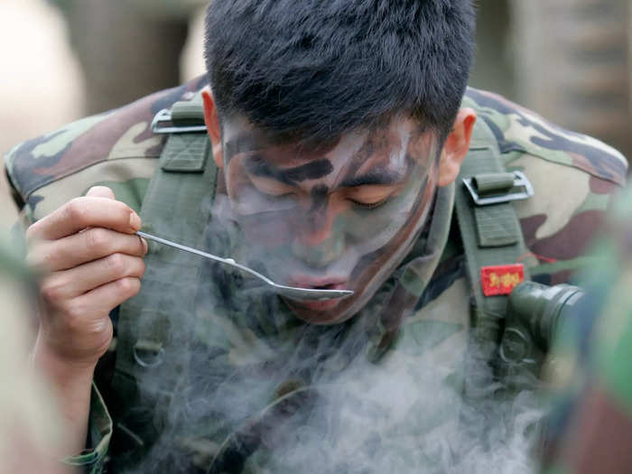 In South Korea, soldiers are fed chicken and rice, beans and rice, pork sausages, meatballs, dried spicy vegetable broth powder, and kimchi.