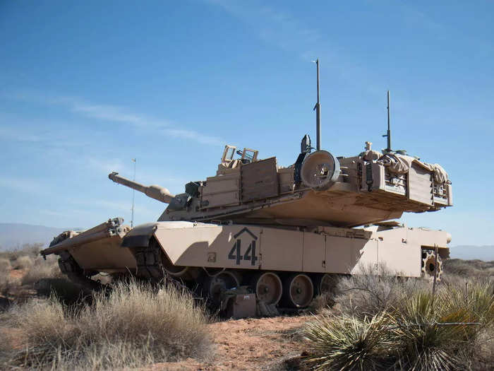 The M1 is armed with a 120mm cannon, a .50 caliber machine gun, and a 7.62 mm machine gun.