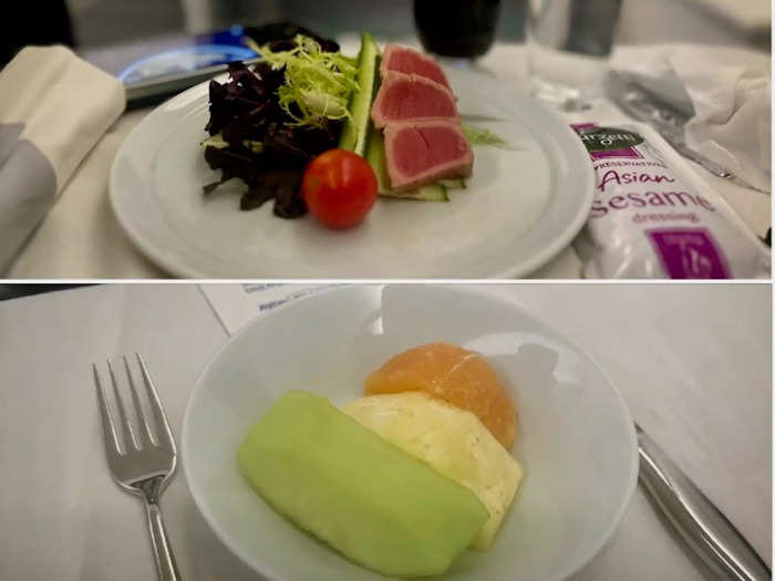 We were also served seared tuna salad as an appetizer, with fruit being offered for dessert — both were as delicious as expected.