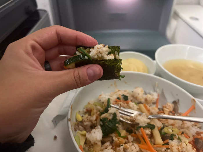 I really liked the bibimbap, and the flight attendant showed me the best way to enjoy it since I had never tried the dish before.