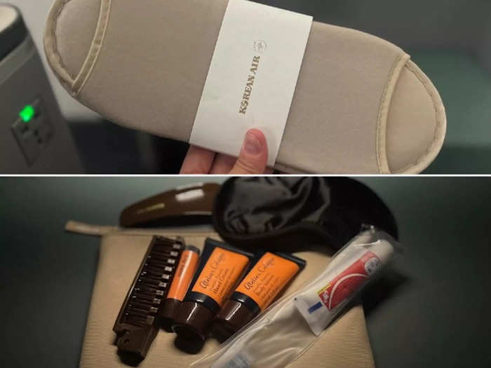 Exploring the seat further, I found several other touches like the amenity kit, bottled water, and slippers.