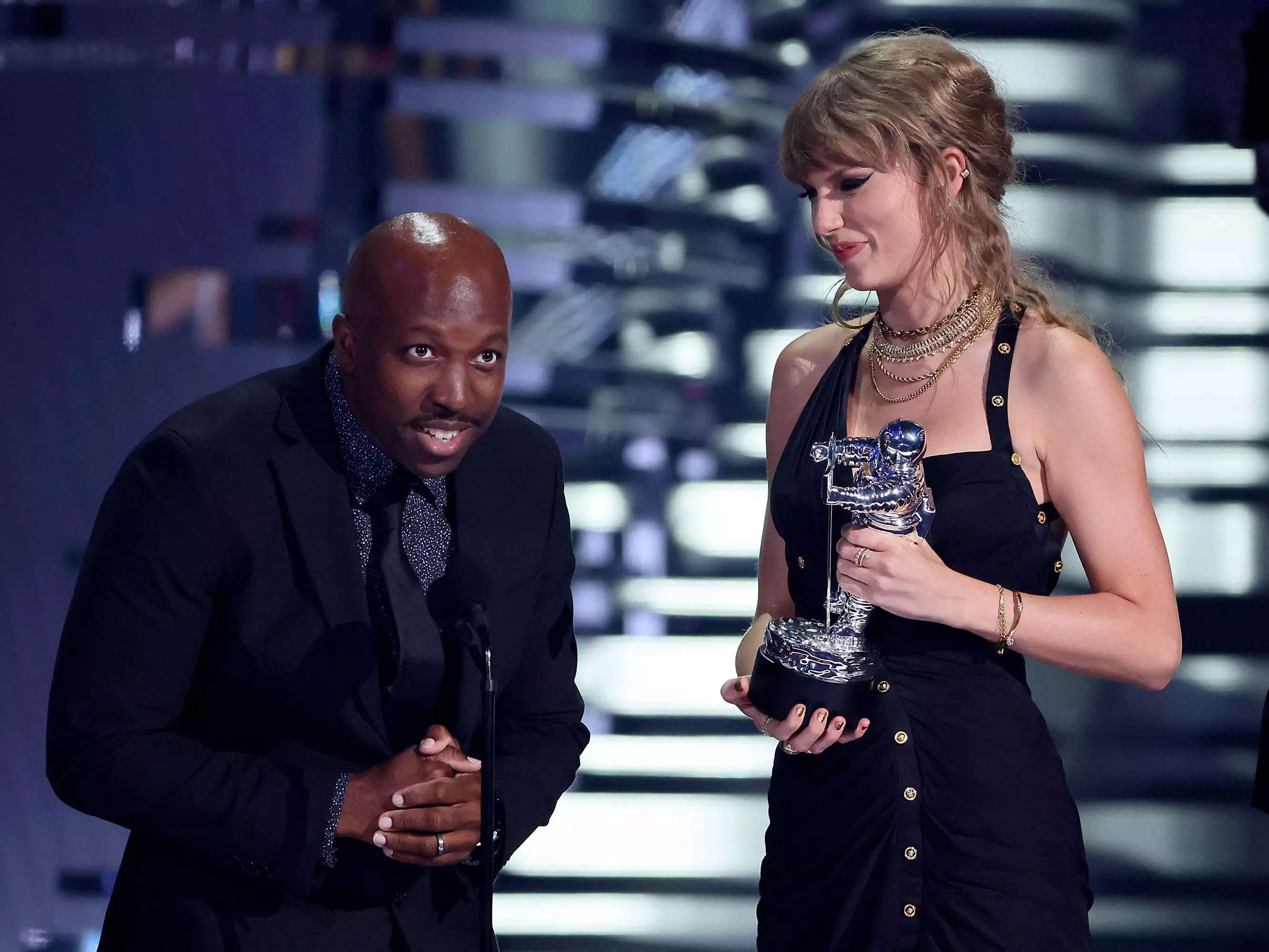 Chancler Haynes and Taylor Swift accept the Video of the Year award for "Anti-Hero" onstage during the 2023 MTV Video Music Awards at Prudential Center on September 12, 2023 in Newark, New Jersey.